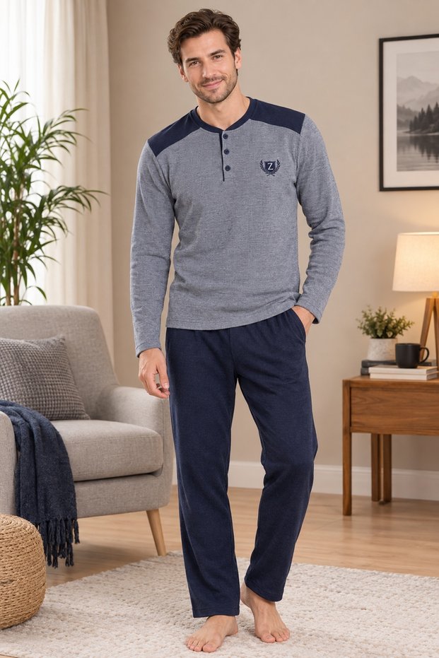Men's Winter Pajama Set, Thessaloniki Knitted, Thick Fabric, 100% Cotton, Buttoned Collar, with Pockets, Gray - Navy Blue