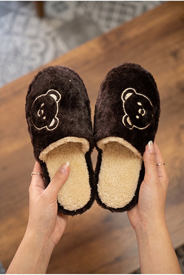 Women's Brown Cute Bear Embroidered Plush House Slippers