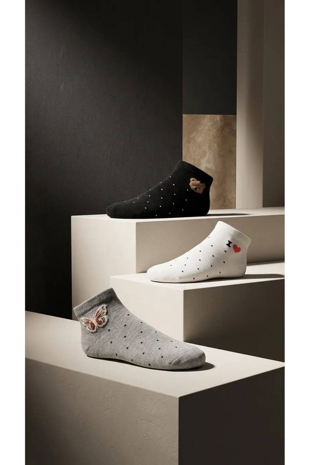 Women's Booties Socks Set of 3 – Short Socks with Teddy Bear, Heart and Butterfly Patterns