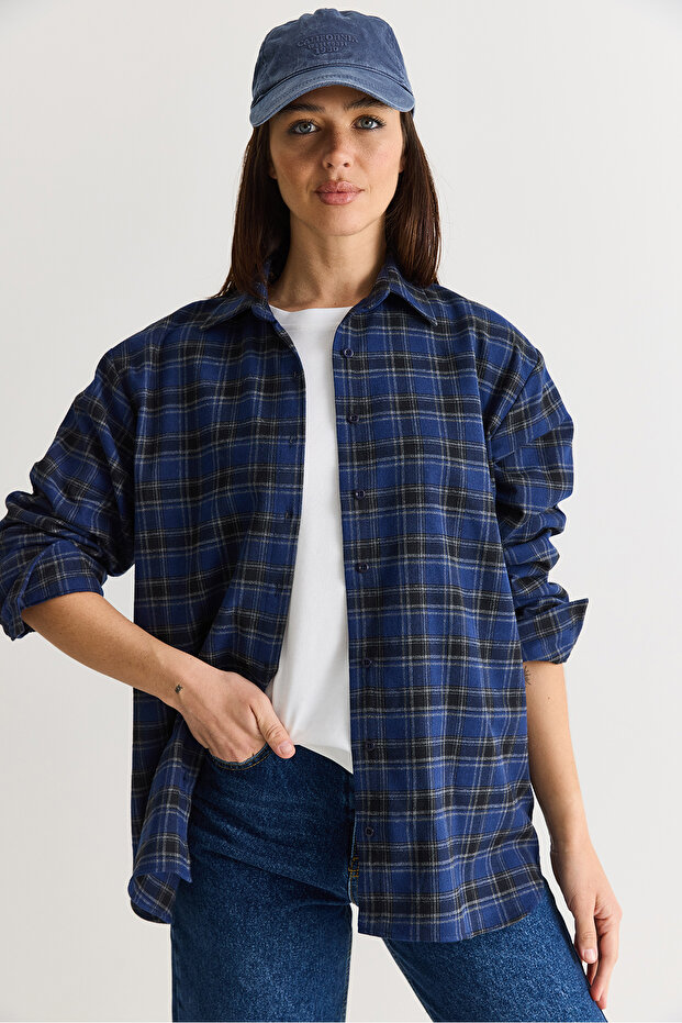 Women's Gray-Navy Oversize Plaid Patterned Lumberjack Shirt Dg261035 60286552
