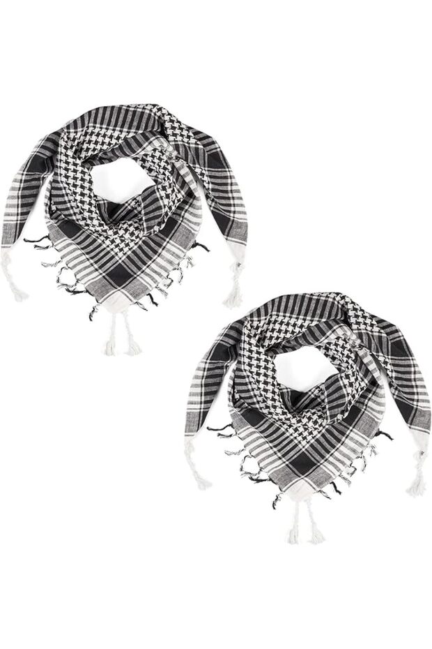 وشاح صحراوي (شماغ)، 100 × 100 سم، بنمط هوندستوث أسود وأبيض مع شراشيب، عبوة من قطعتين