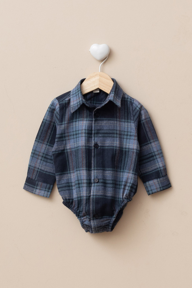 Baby Boy Buttoned Plaid Checkered 100% Cotton Shirt Collar Snap Fastener Bodysuit