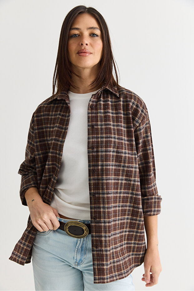 Women's Brown-Mink Oversize Plaid Patterned Lumberjack Shirt Dg261035 60286552