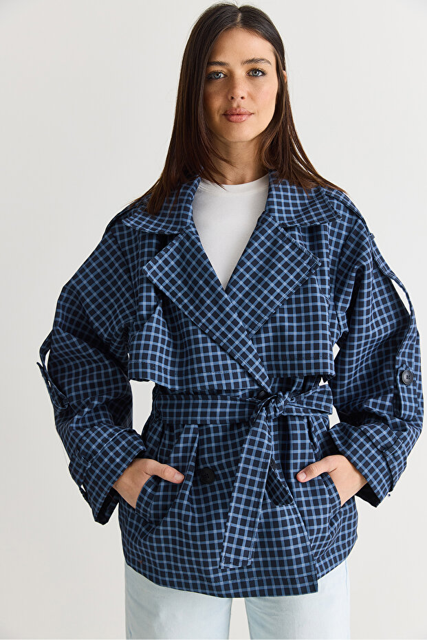 Women's Navy Blue Plaid Patterned Lined Belted Pocket Detailed Water Repellent Trench Coat 1124 60286562