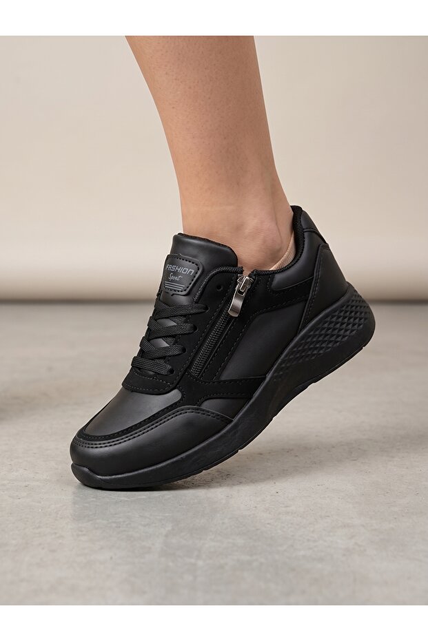 Black Leather Comfortable Orthopedic Casual Sneaker with Side Zipper