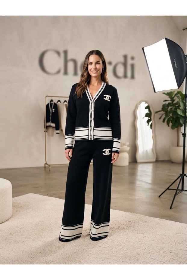 Women's Gold Buttoned Knitwear Top and Bottom Set