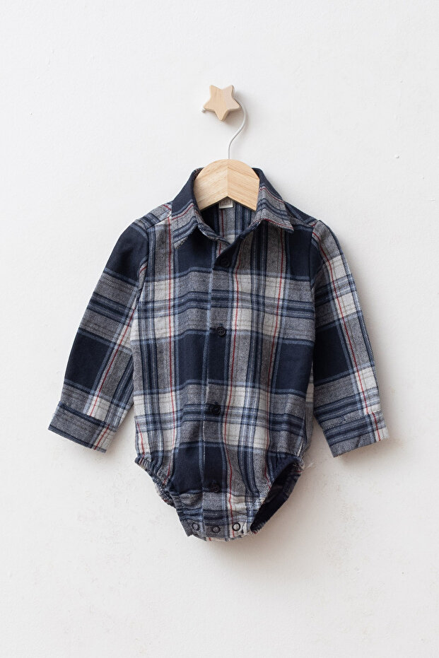 Baby Boy Plaid Patterned Collared Long Sleeve Shirt Bodysuit with Snap Fasteners