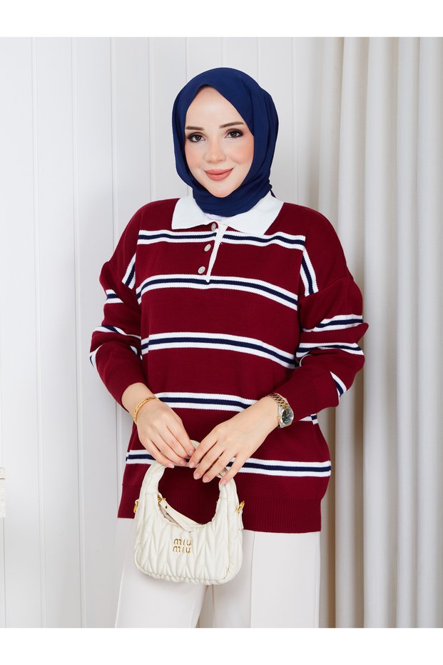Women's Striped Polo Collar Knitwear Sweater Oversize Half Placket Buttoned Sweater