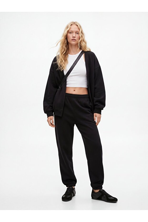 Regular Fit Elastic Leg Basic Black Tracksuit