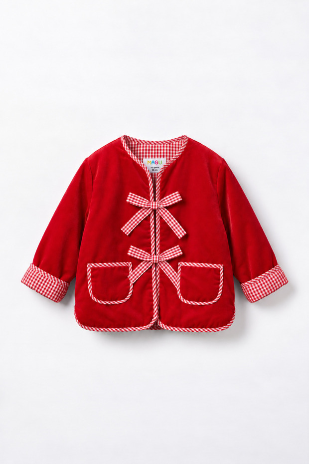 Girl's Cotton Ribbon Detailed Velvet Red Jacket
