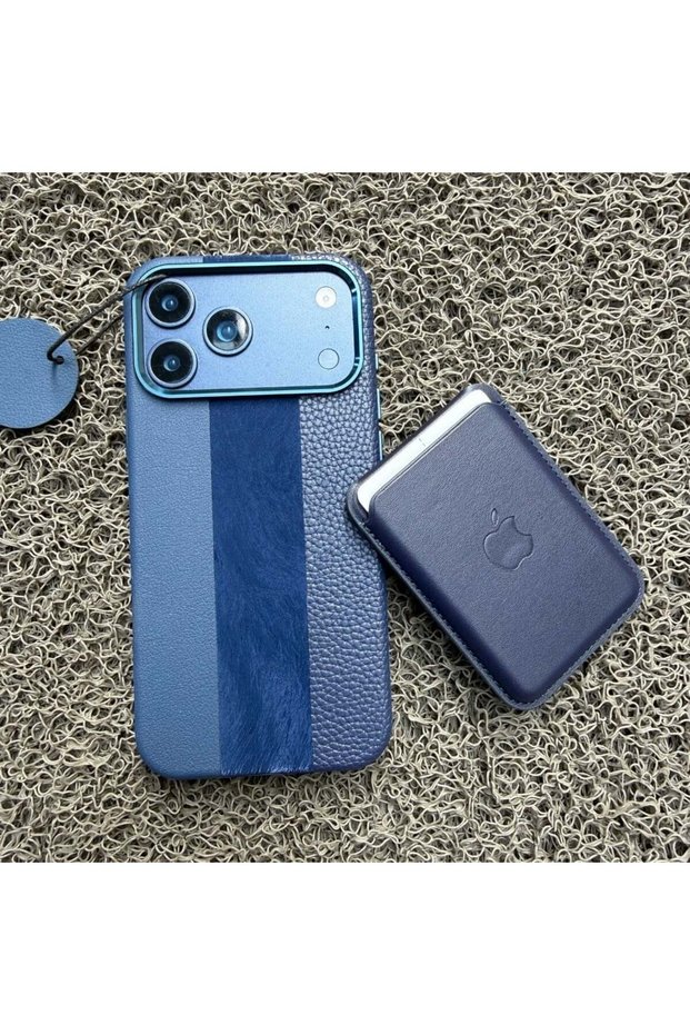 Apple iPhone 18 Pro Compatible Navy Blue Suede Textured Premium Case with Stripe and Card Holder