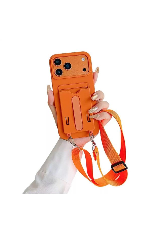Apple iPhone 15 Pro Max Compatible Orange Neck Strap Card Holder Pastel Color Silicone Case