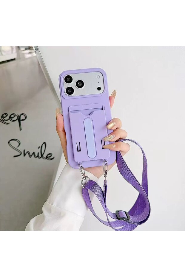 Apple iPhone 15 Pro Max Compatible Pastel Color Silicone Case with Blue Neck Strap and Card Holder