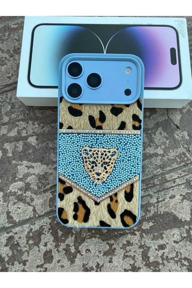 Apple iPhone 17 Pro Compatible Blue Newleo Luxe Leopard Motif Stone Case