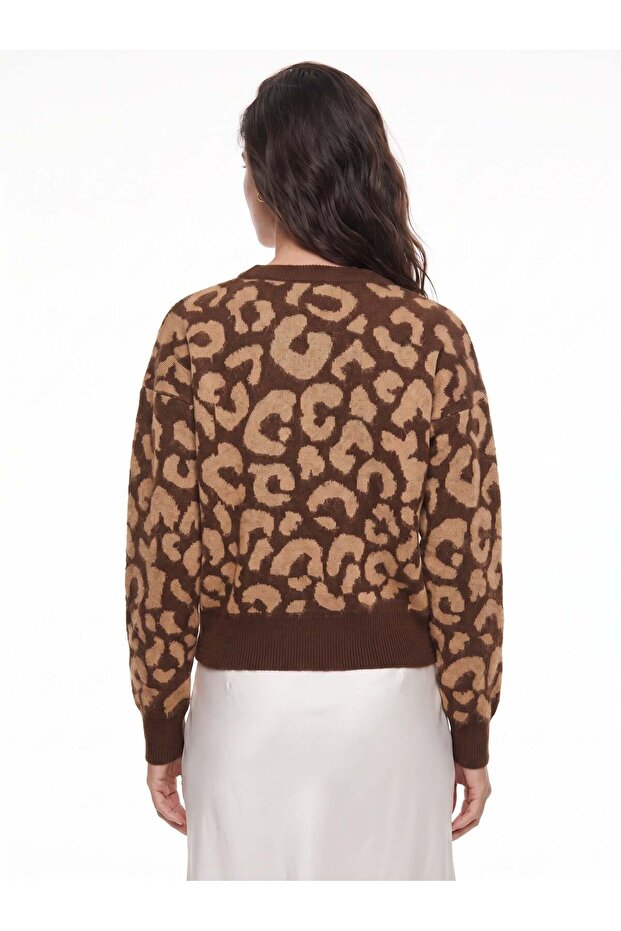 Brown Camel Knitwear Fabric Crew Neck Leopard Patterned Basic Knitwear Sweater