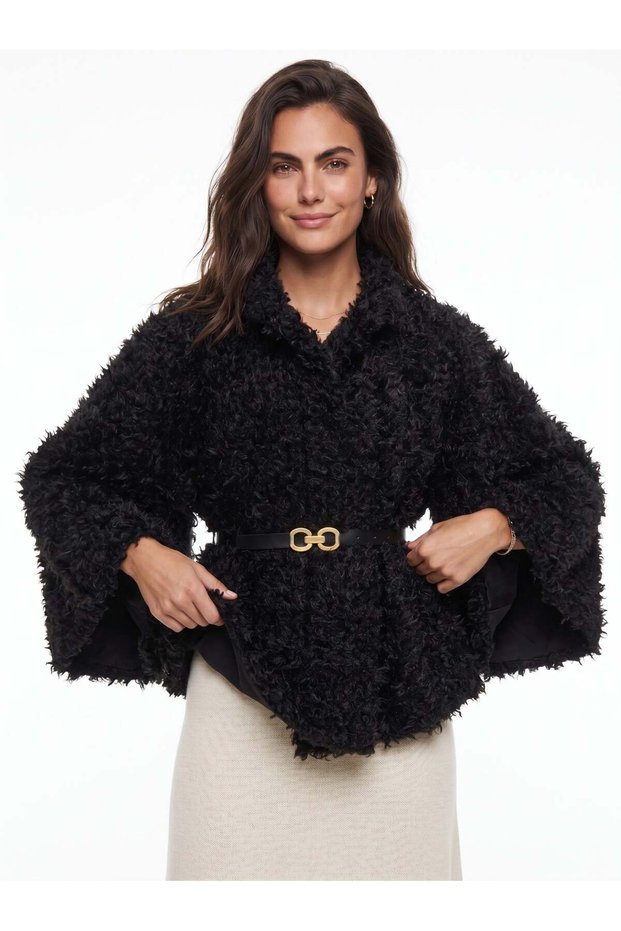 Black Soft Textured Polyester Fabric Plush Form Poncho with Waist Belt Detail