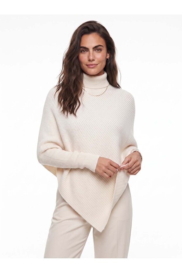 Cream Soft Textured High Neck Poncho Form Draped Asymmetrical Cut Knitwear Sweater