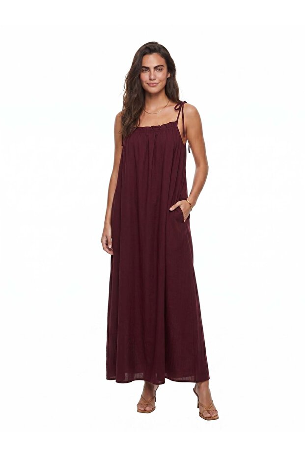 Burgundy Cotton Tie-Strap Lined Crinkle Textured Oversized Long Dress with Pocket Detail