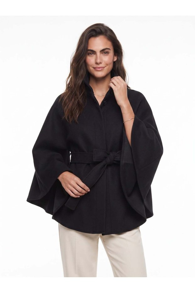 Black Cotton Stretch Fabric Stand Collar Wide Sleeve Belt Detailed Cashmere Poncho