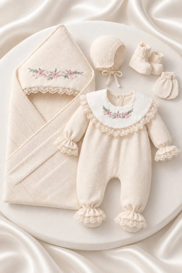 Baby Girl Premium Knitted Floral Embroidered Lace 5-Piece Newborn Hospital Discharge Set