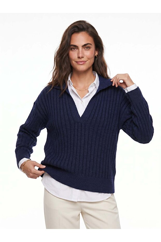 Navy Blue Acrylic Fabric Polo Collar Long Sleeve Comfortable Fit Standard Size Knitted Sweater