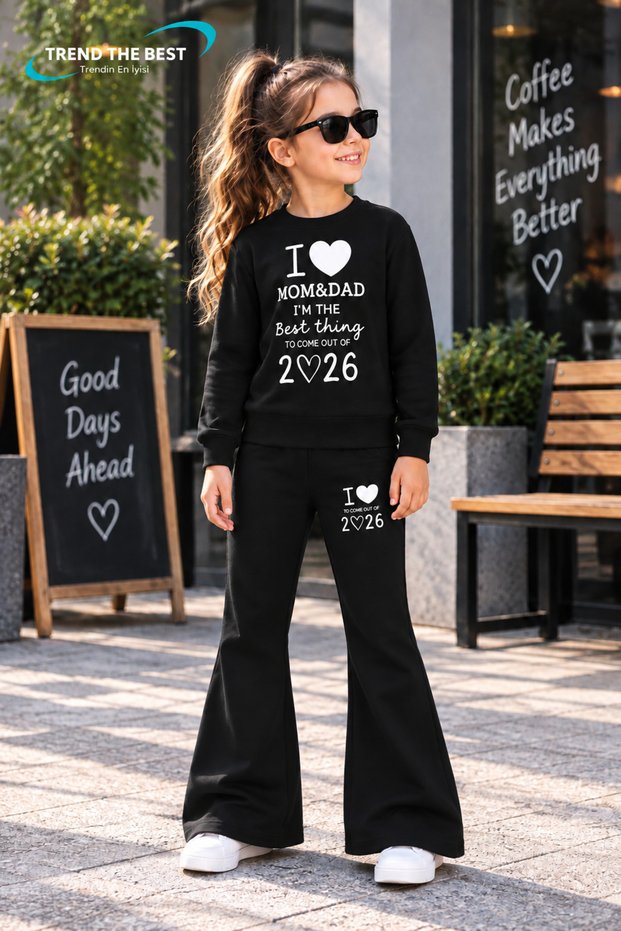 Winter, Spring, and Autumn Girls' Black Spanish Flared Bottoms and Black Sweat Top