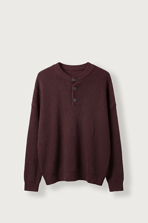 Men's Oversize Henley Collar Knit Sweater Claret Red