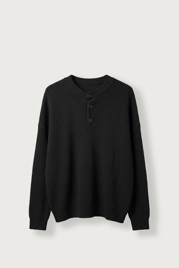 Men's Oversize Henley Collar Knit Sweater Black