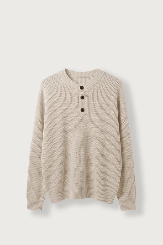 Men's Oversize Henley Collar Knit Sweater Beige