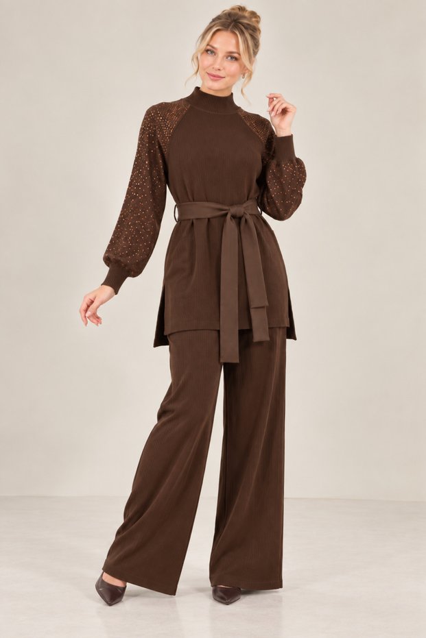 Sequin Embroidered Elastic Waist Tunic Trouser Set
