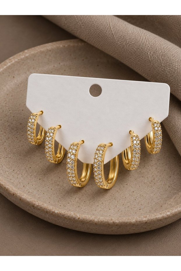 Gold Color Zircon Stone Brass Oval Square Model Women's Earring Set