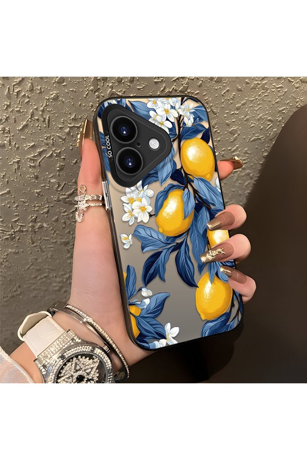 iPhone 16 Plus Compatible Yellow Lemon Blue Leaf White Small Flower Shock Absorbing Protection