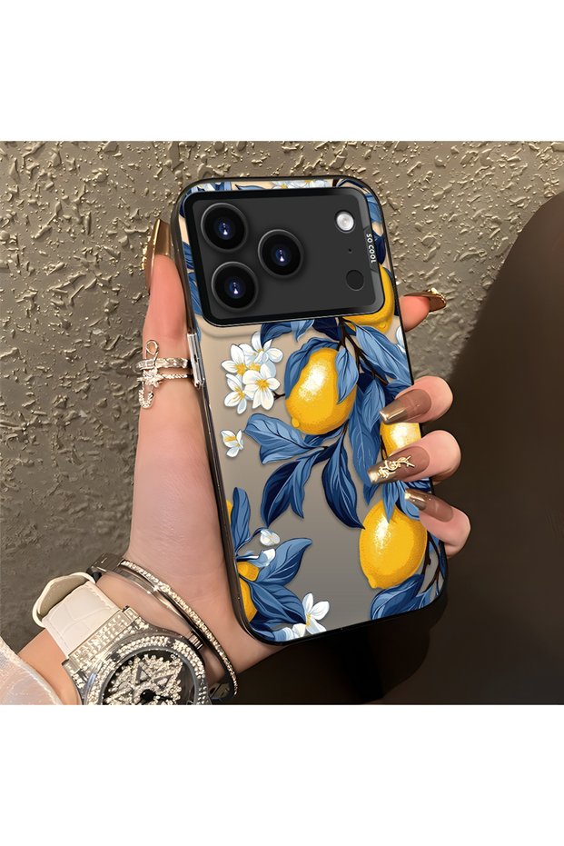 iPhone 17 Pro Compatible Yellow Lemon Blue Leaf White Small Flower Shock Absorbing Protection