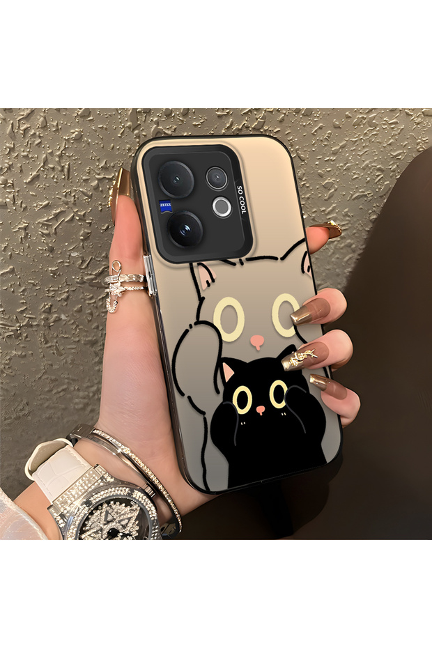Vivo V60 Compatible Simple Striped Cute Black Cat Impact Wear-Resistant Art Print