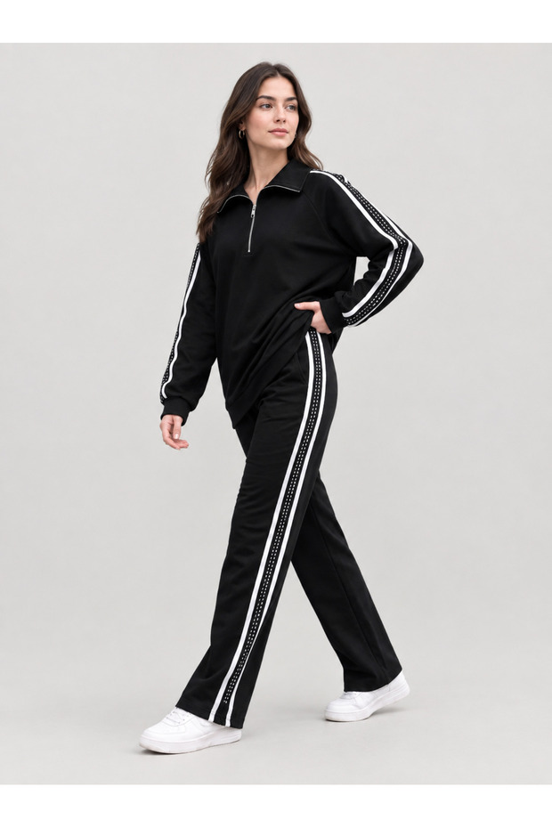 Women's Modal Suit with Stone Detail on the Sides and Half Zipper