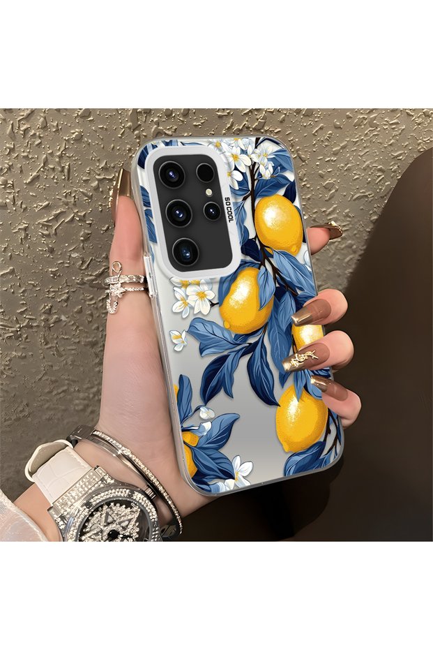 Samsung Galaxy S23 Ultra Compatible Yellow Lemon Blue Leaf White Small Flower Shock Absorbing Protection