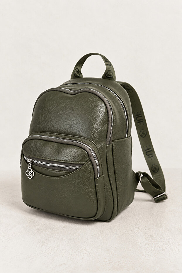 Women's Khaki Functional Multi-Compartment Leather Detailed Column Strap Daily Backpack
