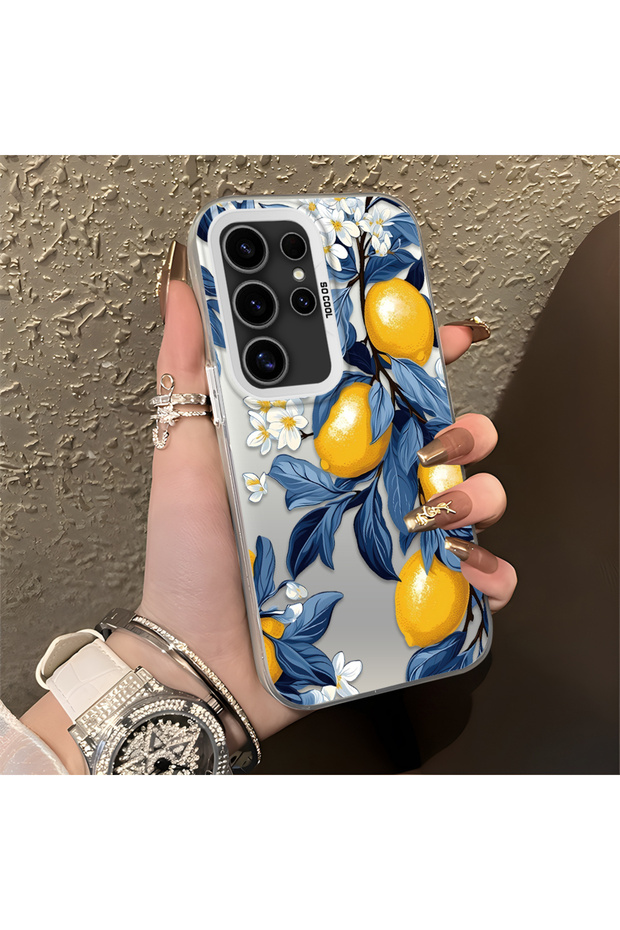 Samsung Galaxy S24 Ultra Compatible Yellow Lemon Blue Leaf White Small Flower Shock Absorbing Protection