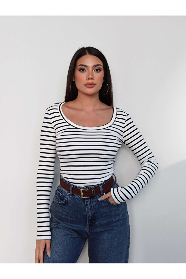 Striped Ribbed U-Neck Blouse