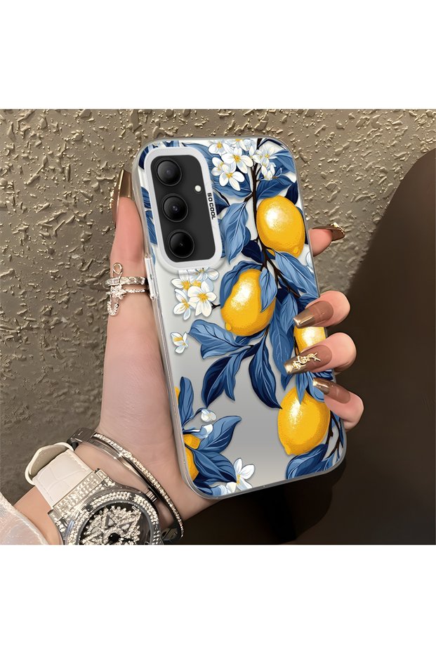 Samsung Galaxy A35 Compatible Yellow Lemon Blue Leaf White Small Flower Shock Absorbing Protection