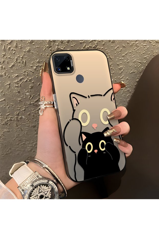 Realme C15/C25/C25S Compatible Simple Striped Cute Black Cat Impact Wear-Resistant Art Print