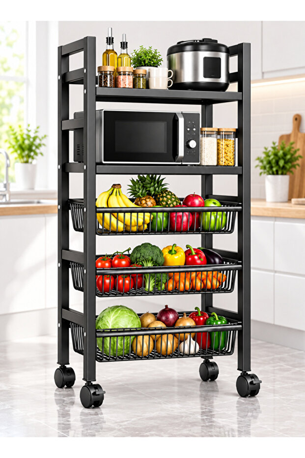 5-Tier Kitchen Storage Rack with Wheels, Microwave Stand with 2 Shelves & 3 Removable Wire Baskets, Carbon Steel Rolling Organizer for Fruit, Vegetables, Pantry & Coffee Bar, Black