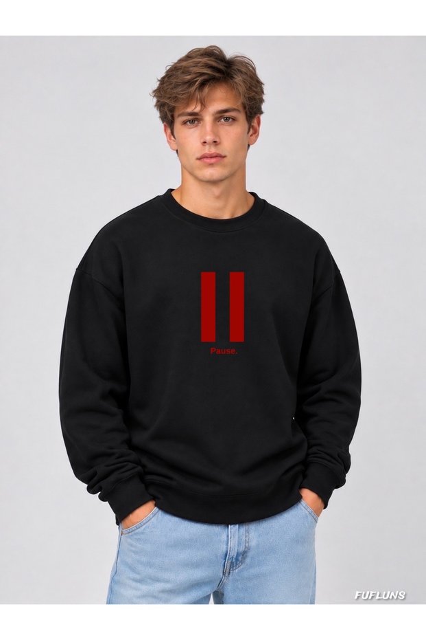 Pause Printed Oversized Men's Crewneck Sweatshirt
