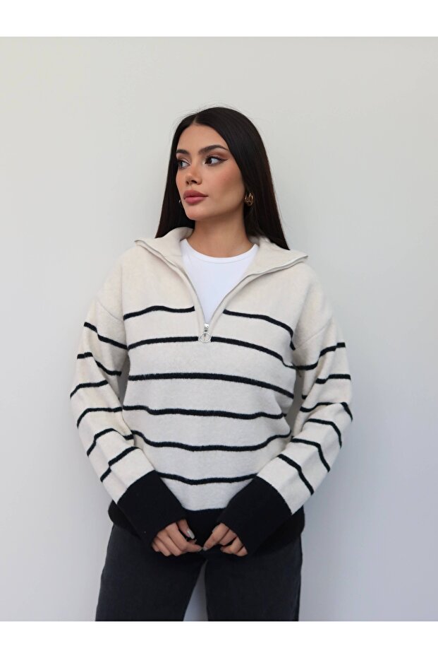 Half-Zip Striped Knit Sweater