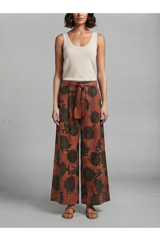 Women's High Waist Belted Wide Leg Polka Dot Velvet Textured Trousers