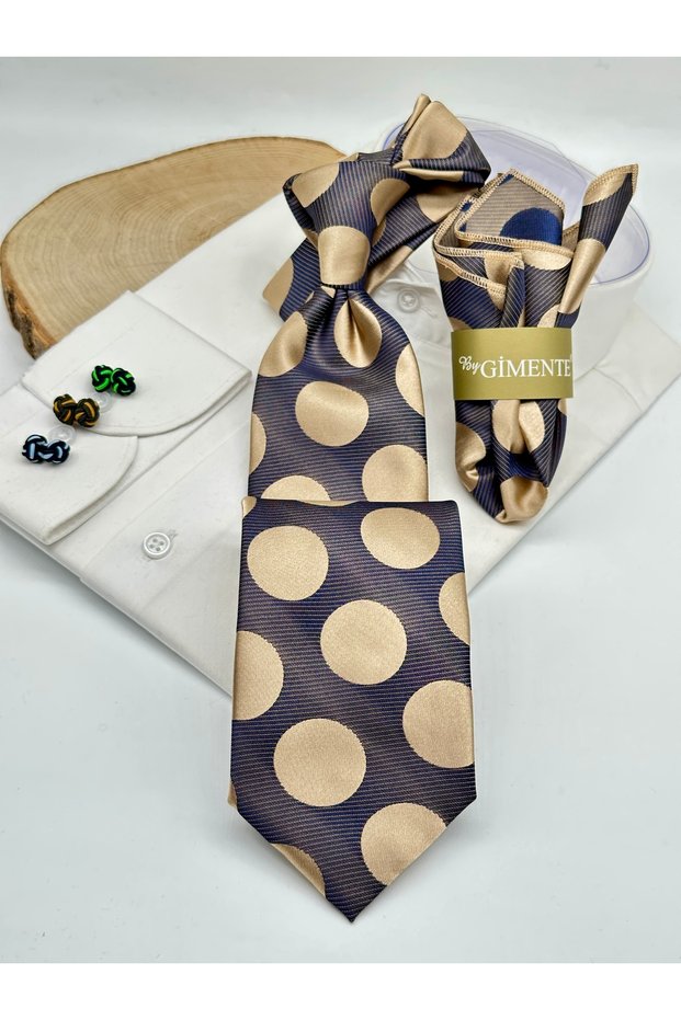 Beige Polka Dot Patterned Classic Tie with Handkerchief
