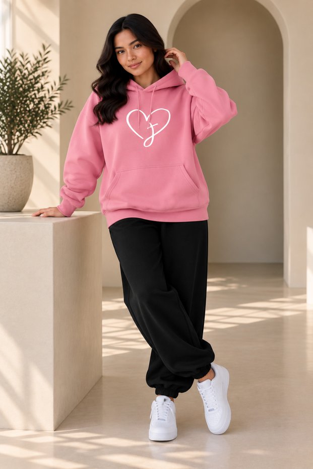 Women's Plus Size Heart J Printed Oversize 2-Piece Tracksuit Set – Hooded Hoodie & Jogger Pants