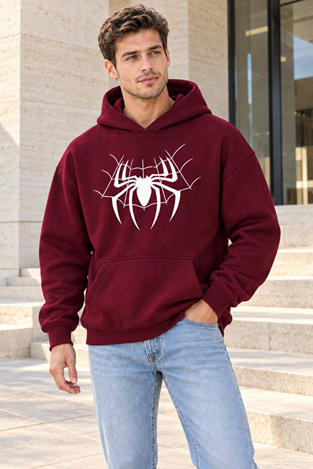 Men's Oversize Spider Printed Hooded Sweatshirt Hoodie