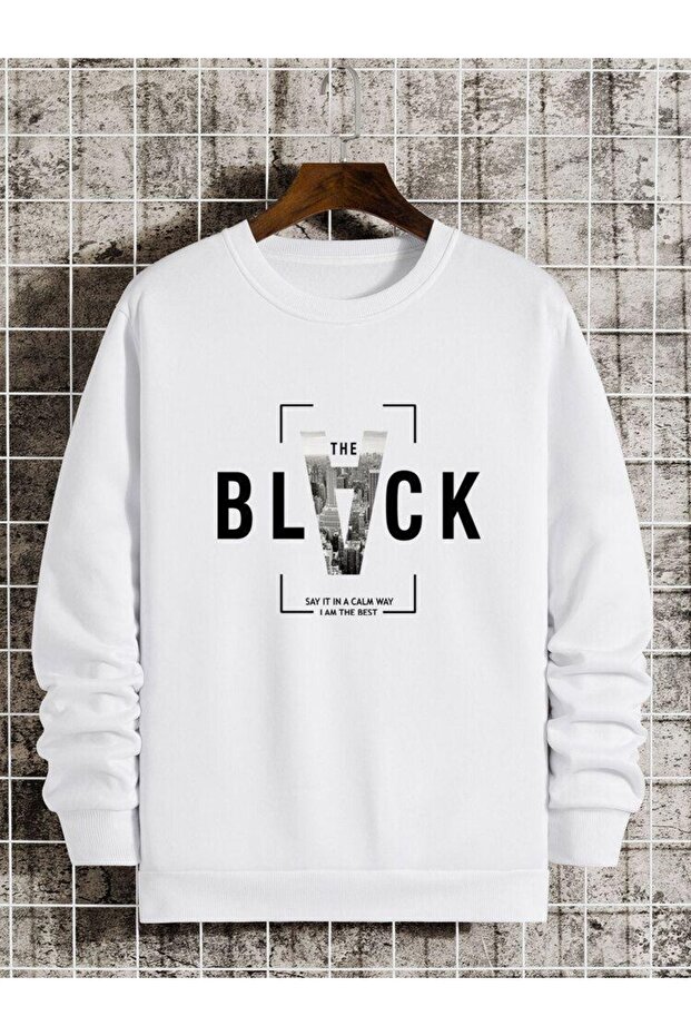 Black Design Printed Cotton 3 Thread Ribbed Crew Neck Oversize Sweatshirt