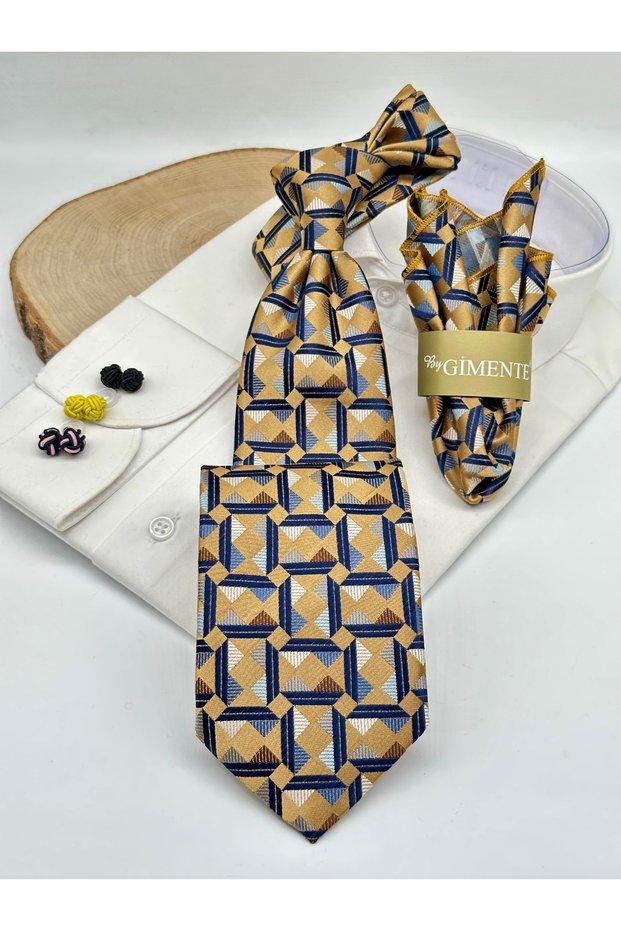 Classic Tie with Gold Geometric Patterned Handkerchief